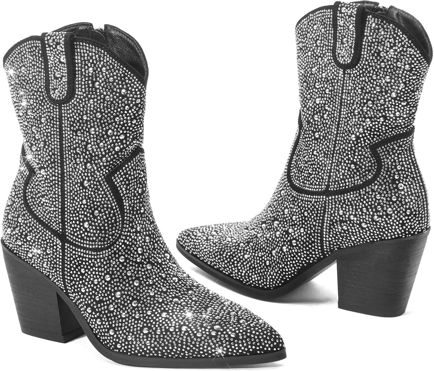 Women's Western Rheinstone Cowboy Boots Block Heel Pointed Toe Flash Ankle Boots for Outdoor Party Side Zip Comfort Booties