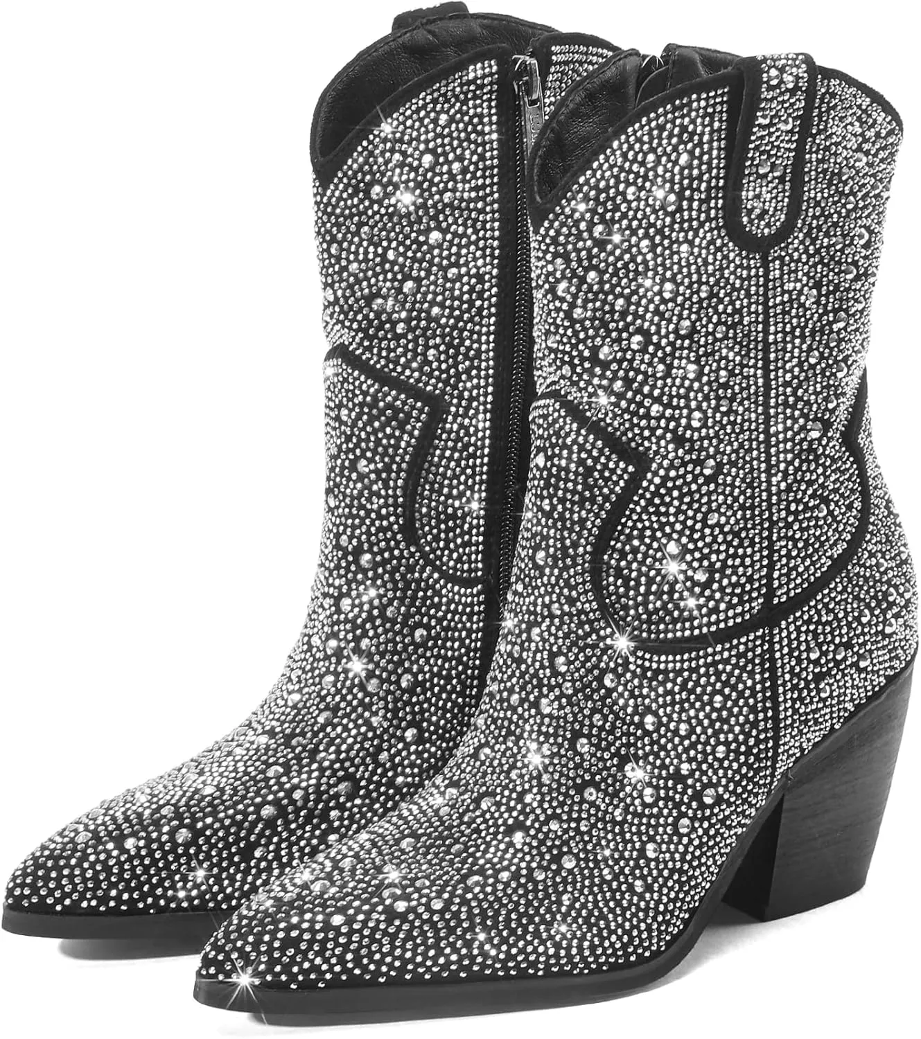 Women's Western Rheinstone Cowboy Boots Block Heel Pointed Toe Flash Ankle Boots for Outdoor Party Side Zip Comfort Booties