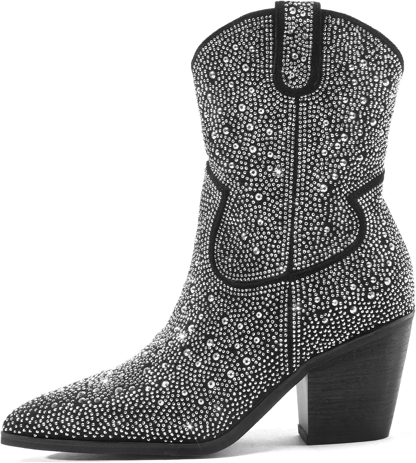 Women's Western Rheinstone Cowboy Boots Block Heel Pointed Toe Flash Ankle Boots for Outdoor Party Side Zip Comfort Booties