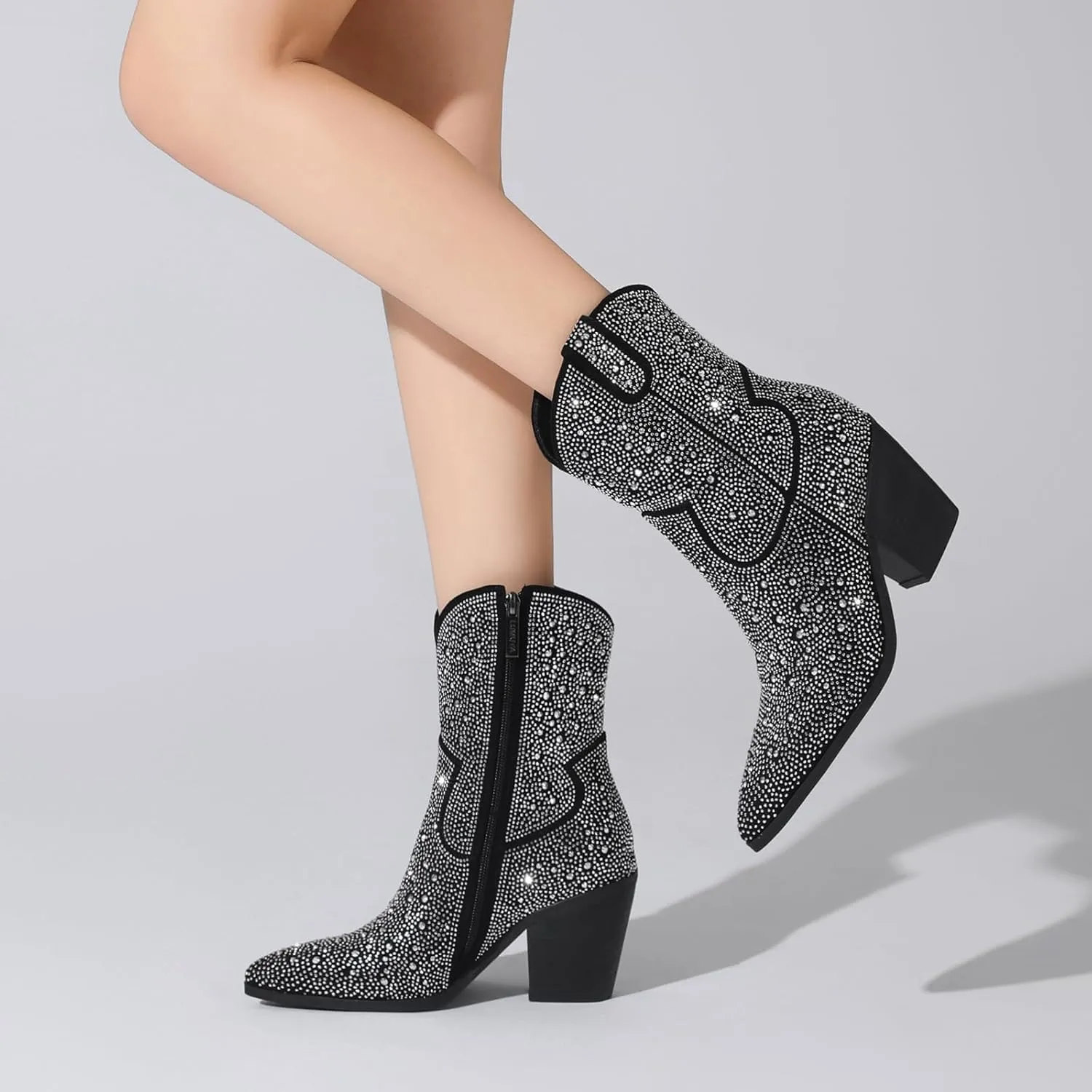 Women's Western Rheinstone Cowboy Boots Block Heel Pointed Toe Flash Ankle Boots for Outdoor Party Side Zip Comfort Booties