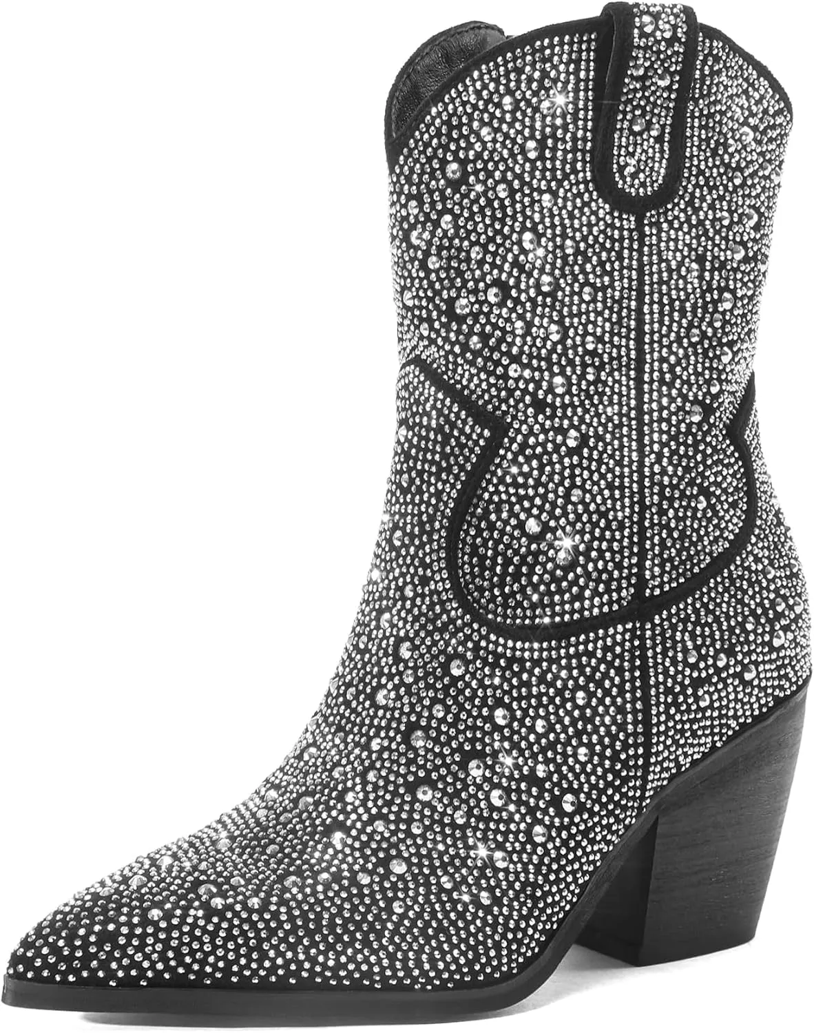 Women's Western Rheinstone Cowboy Boots Block Heel Pointed Toe Flash Ankle Boots for Outdoor Party Side Zip Comfort Booties