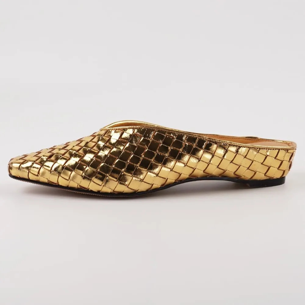 Woven Mules for Women Metallic Leather Slides Ladies Trendy Comfortable Square Toe Hidden Wedge Heels