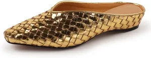 Woven Mules for Women Metallic Leather Slides Ladies Trendy Comfortable Square Toe Hidden Wedge Heels