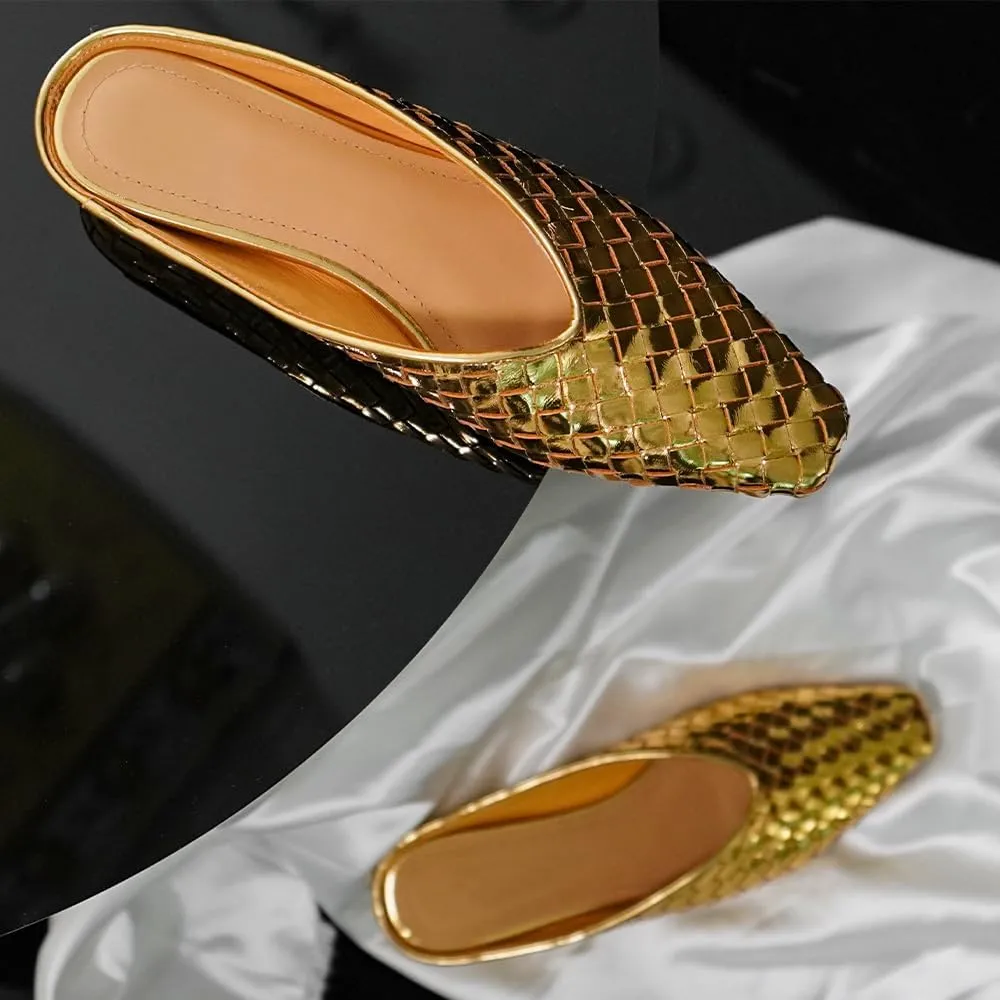Woven Mules for Women Metallic Leather Slides Ladies Trendy Comfortable Square Toe Hidden Wedge Heels