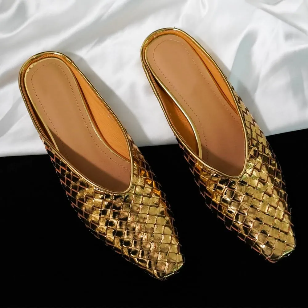 Woven Mules for Women Metallic Leather Slides Ladies Trendy Comfortable Square Toe Hidden Wedge Heels