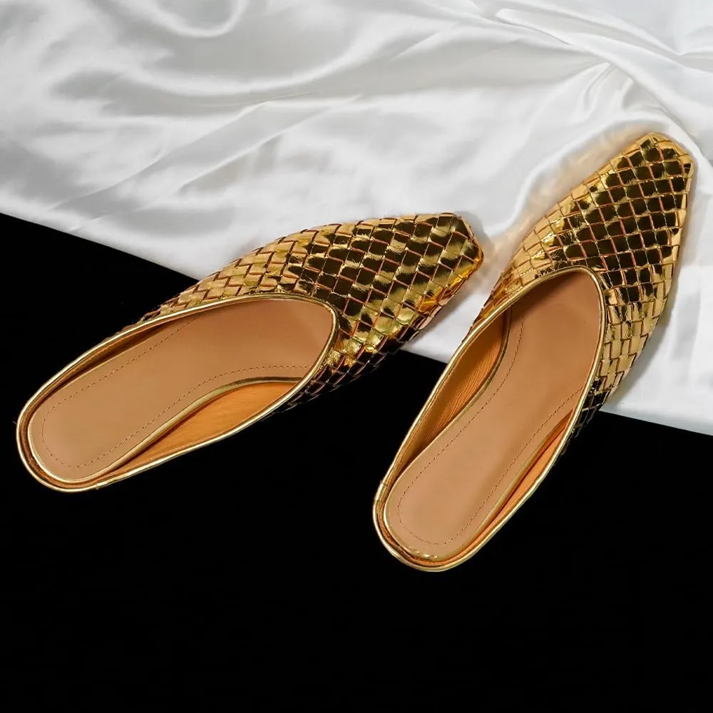 Woven Mules for Women Metallic Leather Slides Ladies Trendy Comfortable Square Toe Hidden Wedge Heels