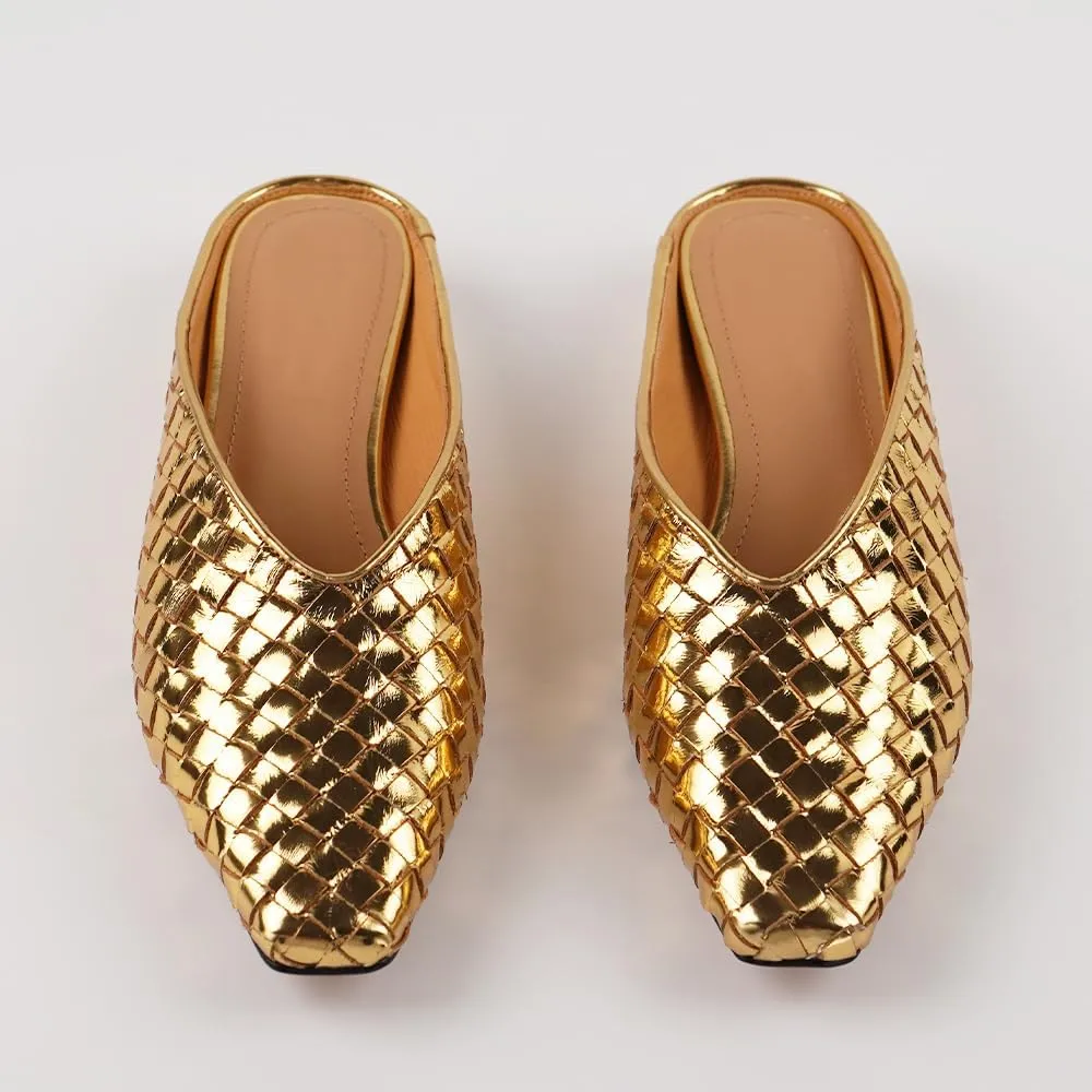 Woven Mules for Women Metallic Leather Slides Ladies Trendy Comfortable Square Toe Hidden Wedge Heels