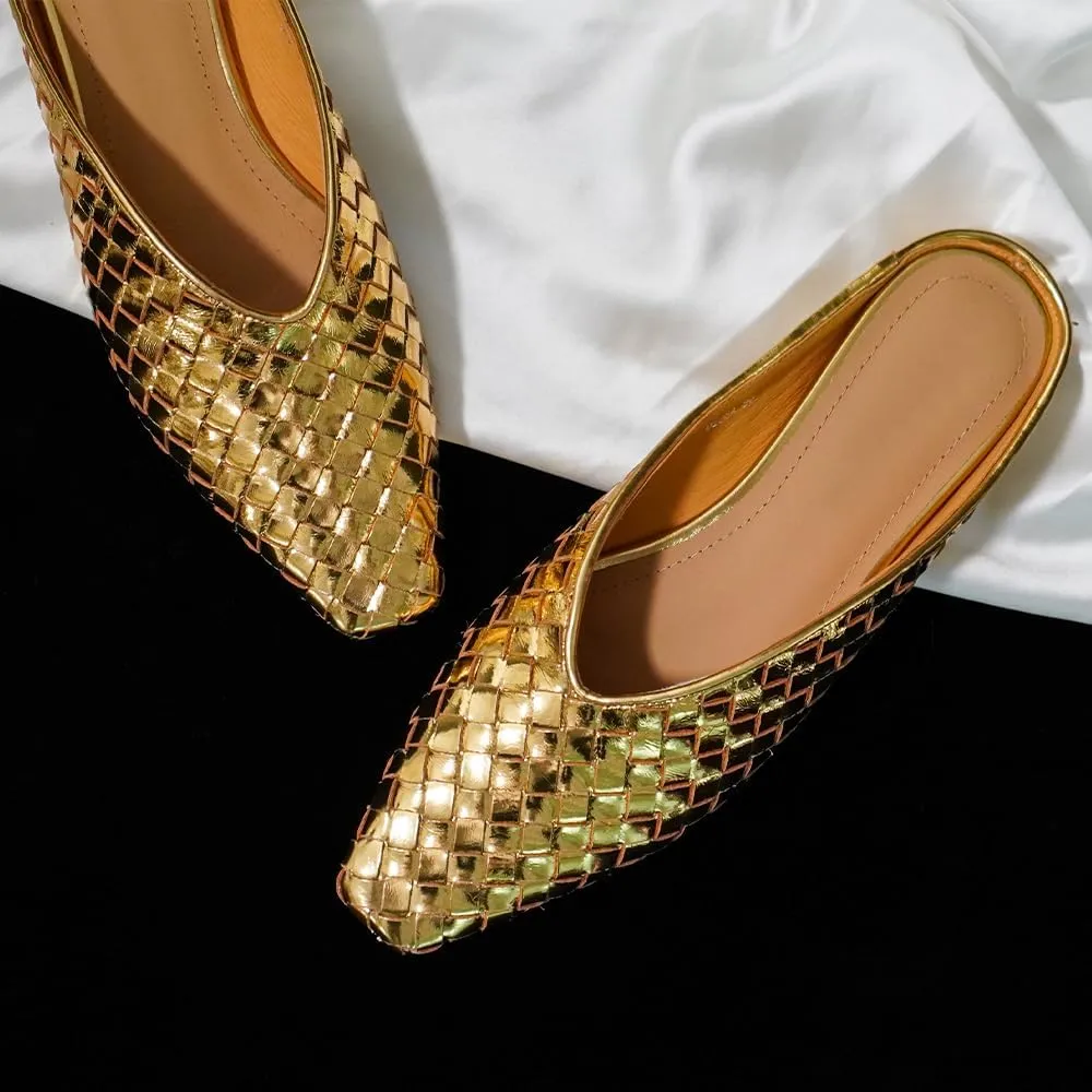 Woven Mules for Women Metallic Leather Slides Ladies Trendy Comfortable Square Toe Hidden Wedge Heels