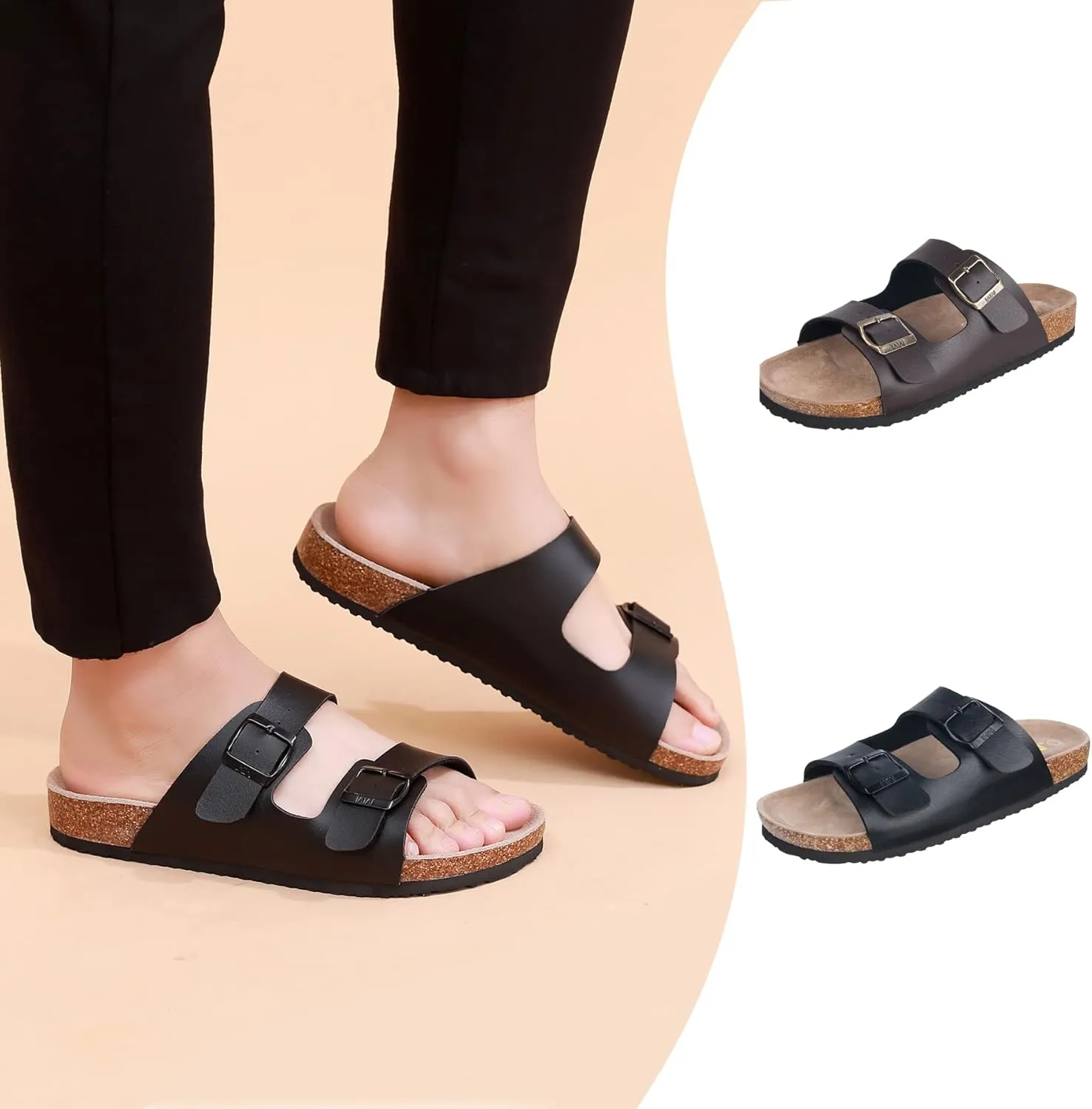 WTW Men's Cork Footbed Sandals Slip on Beach Slide Sandals Shoes with Adjustable Metal Buckle Strap for Men