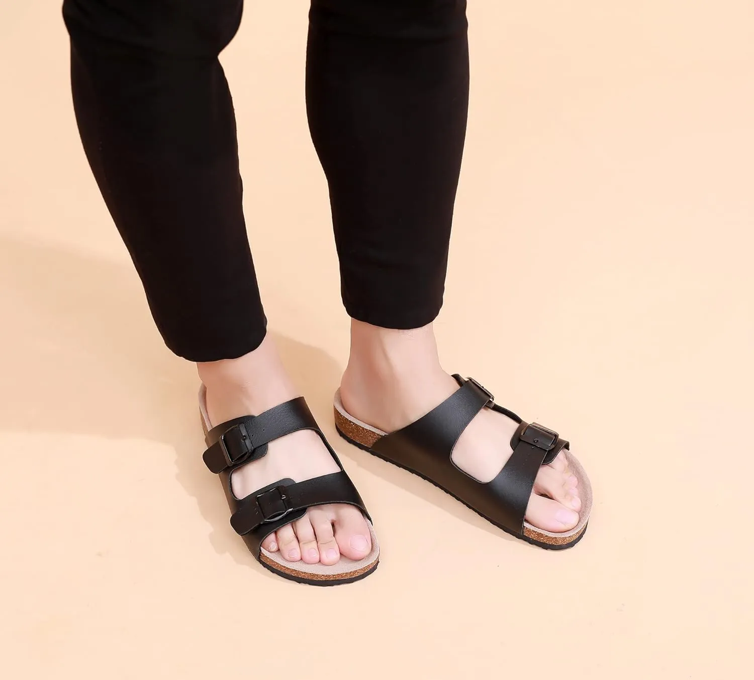 WTW Men's Cork Footbed Sandals Slip on Beach Slide Slipper Shoes with Adjustable Metal Buckle Strap for Men Causal Style