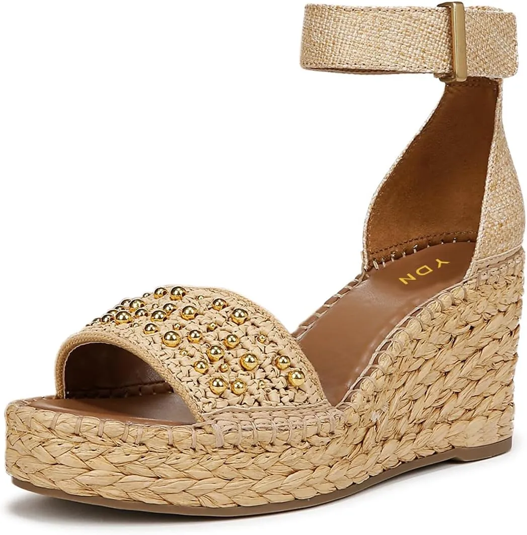 YDN Women's Round Toe Platform Heeled Sandals Mid High Wedge Heels with Ankle Strap Summer Beach Trendy Shoes Size 4-16 US