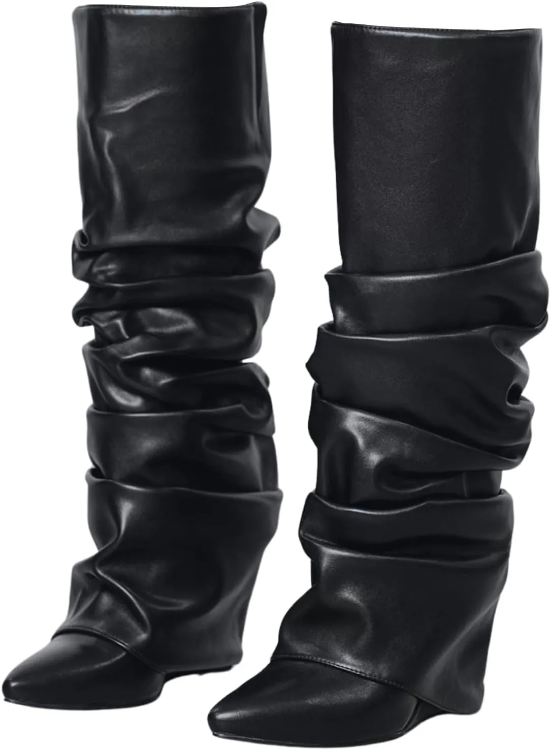 Yishaweiqi Slouched Ruched Fold Over Boots for Women Covered Wedge Heel Patent Leather Knee High Boots Wide Calf Pointed Toe Casual Boots