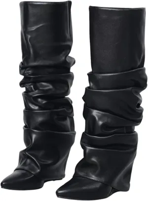Yishaweiqi Slouched Ruched Fold Over Boots for Women Covered Wedge Heel Patent Leather Knee High Boots Wide Calf Pointed Toe Casual Boots