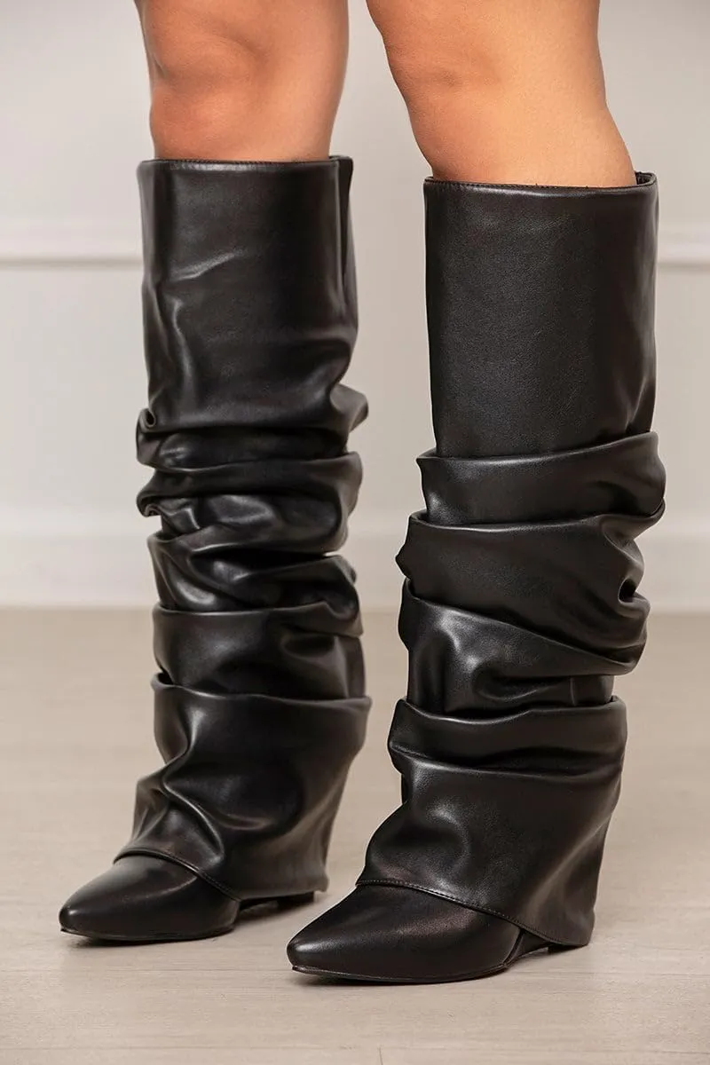 Yishaweiqi Slouched Ruched Fold Over Boots for Women Covered Wedge Heel Patent Leather Knee High Boots Wide Calf Pointed Toe Casual Boots