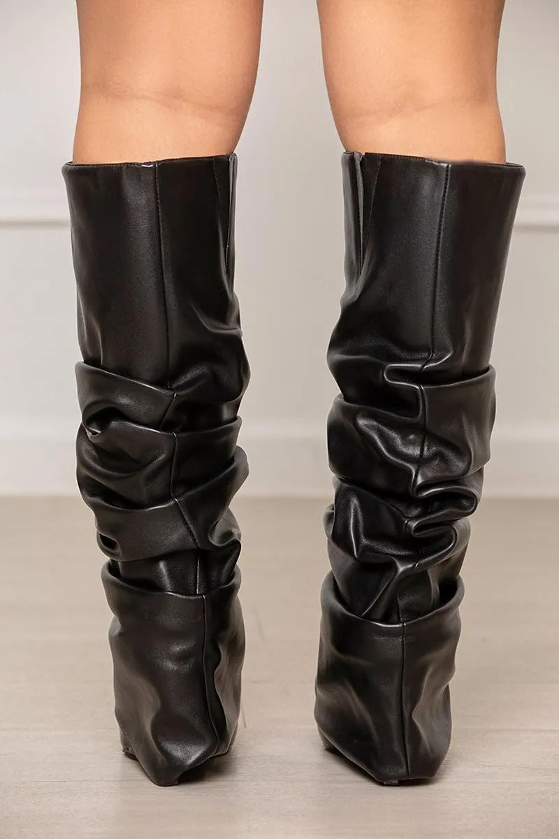 Yishaweiqi Slouched Ruched Fold Over Boots for Women Covered Wedge Heel Patent Leather Knee High Boots Wide Calf Pointed Toe Casual Boots