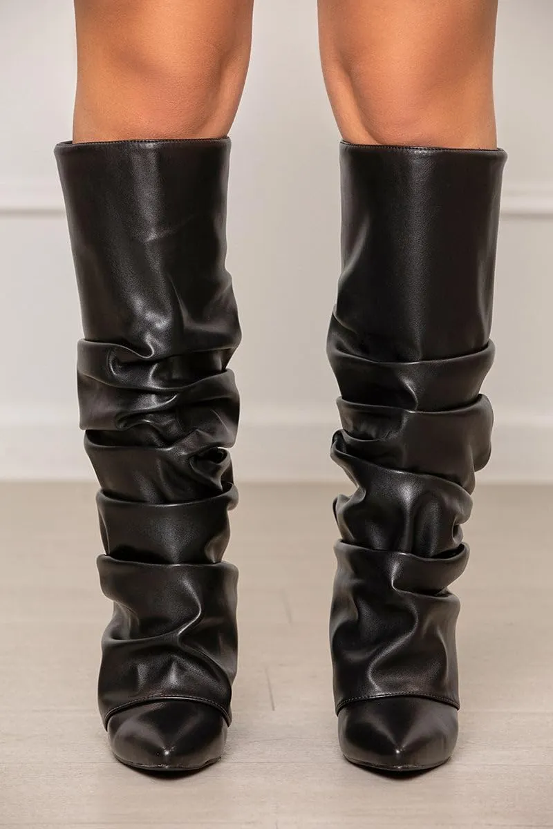 Yishaweiqi Slouched Ruched Fold Over Boots for Women Covered Wedge Heel Patent Leather Knee High Boots Wide Calf Pointed Toe Casual Boots