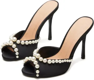 Yishaweiqi Women's Mesh Heeled Sandals Peep Toe Mules Slip on Stiletto High Heels Dress Sexy Slide Sandals