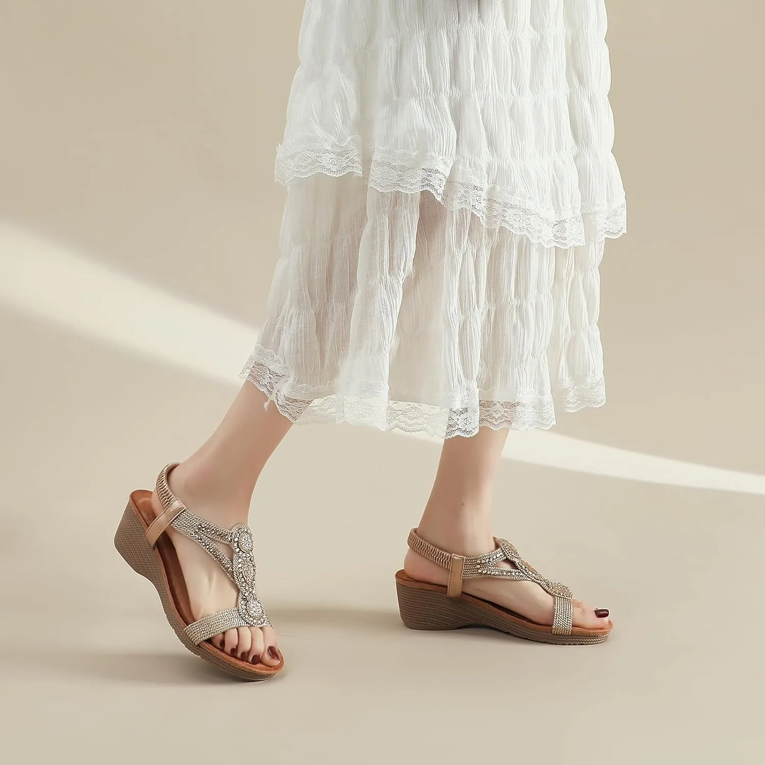 youngshow Wedge Sandals for Women Summer Comfy Elastic Ankle Strap Low Heel Dress Shoes Gladiator Sandals Beach