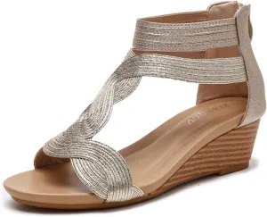 Yytcsjz Women's Wedge Sandals, Fashion, Open Toe, Zip Back Fashion Summer Open Toe Shoes, Premium, PU Leather, Comfortable Wedge Sandals, for Outdoor Walking (Color : Gold, Size : 7)