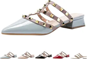 Zeberfi Women's Patent Leather Closed Pointed Toe Rivet Heeled Sandals Fashion Multi Band Studded Slingback Chunky Mid Heel Work Pumps Slippers