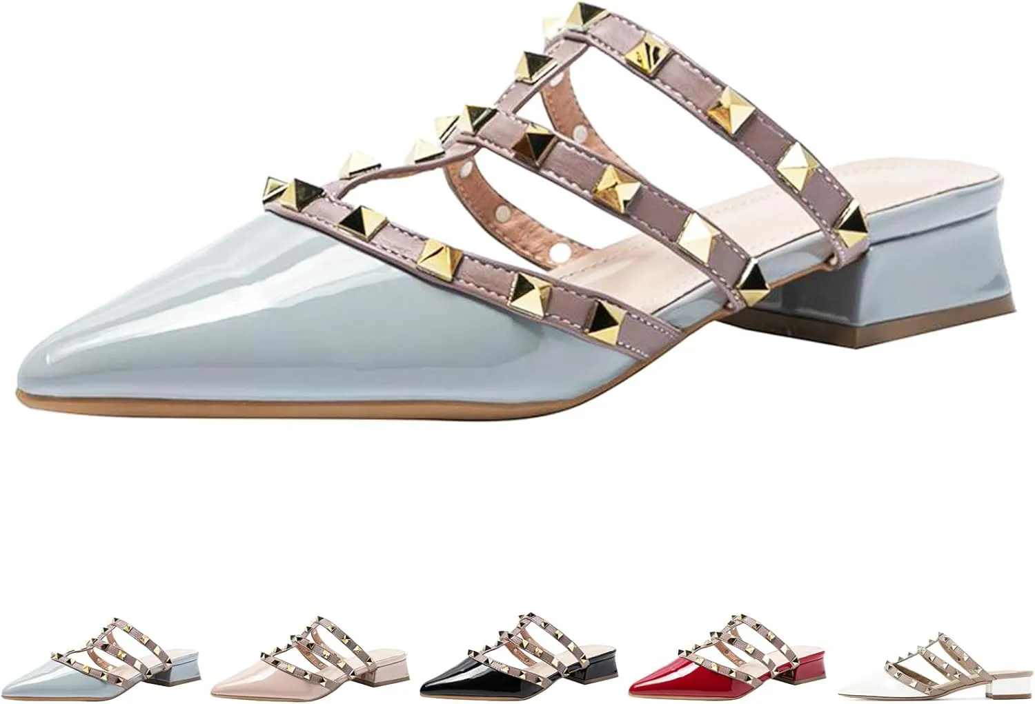 Zeberfi Women's Patent Leather Closed Pointed Toe Rivet Heeled Sandals Fashion Multi Band Studded Slingback Chunky Mid Heel Work Pumps Slippers