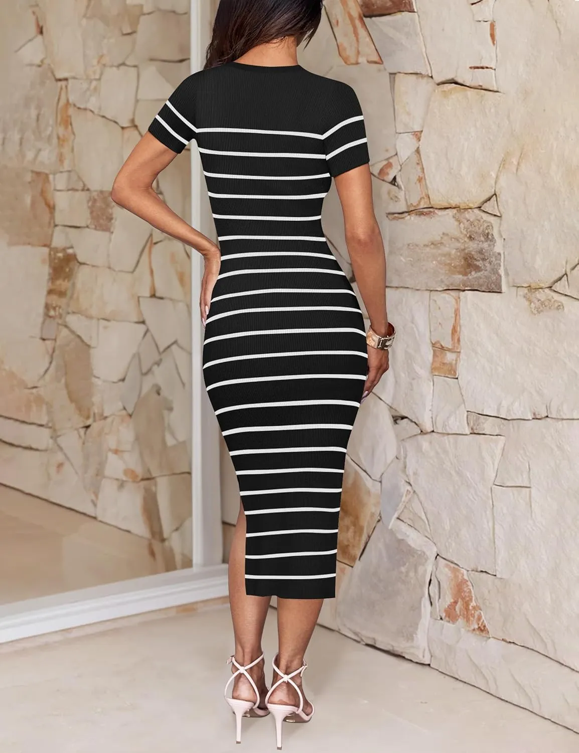 ZESICA Women's 2025 Summer Bodycon Midi Dress Striped Short Sleeve Ribbed Knit Slim Fit Side Slit Vacation Long Dresses