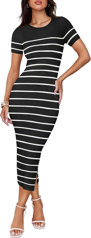 ZESICA Women's 2025 Summer Bodycon Midi Dress Striped Short Sleeve Ribbed Knit Slim Fit Side Slit Vacation Long Dresses