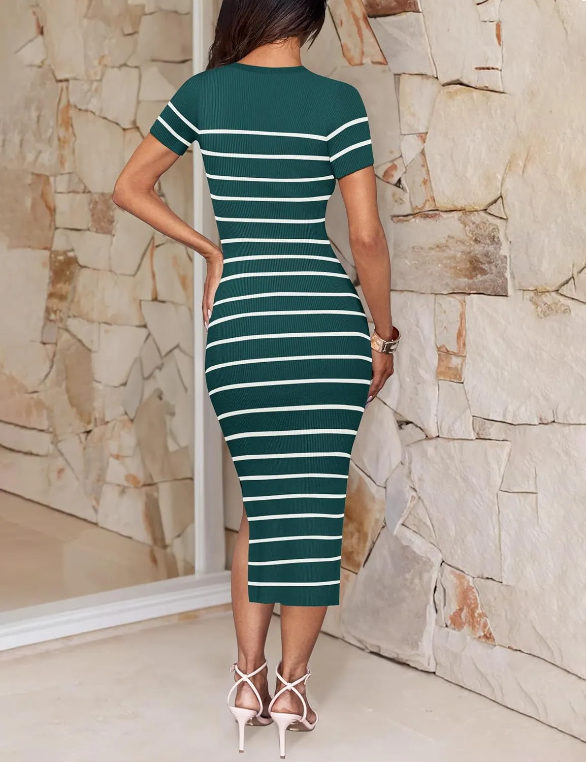 ZESICA Women's 2025 Summer Bodycon Midi Dress Striped Short Sleeve Ribbed Knit Slim Fit Side Slit Vacation Long Dresses