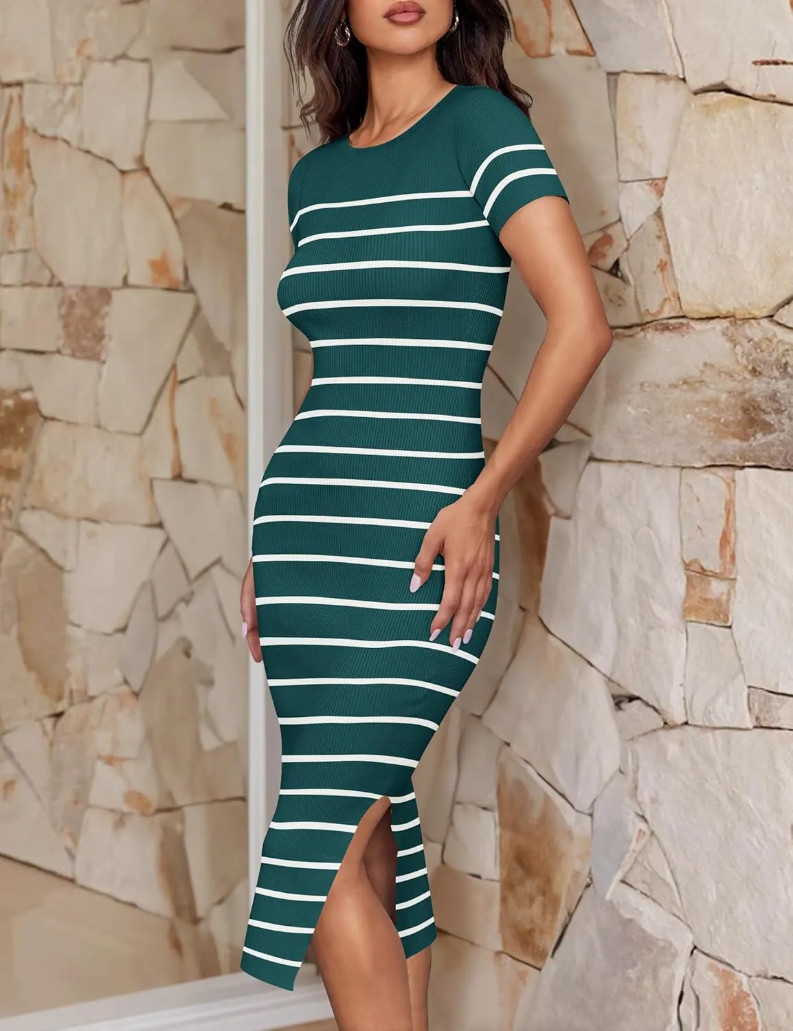 ZESICA Women's 2025 Summer Bodycon Midi Dress Striped Short Sleeve Ribbed Knit Slim Fit Side Slit Vacation Long Dresses