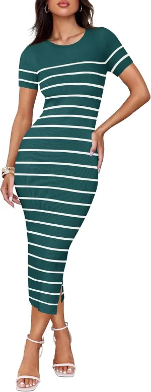 ZESICA Women's 2025 Summer Bodycon Midi Dress Striped Short Sleeve Ribbed Knit Slim Fit Side Slit Vacation Long Dresses