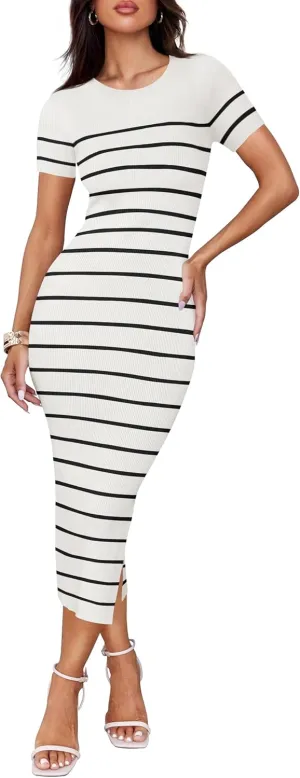 ZESICA Women's 2025 Summer Bodycon Midi Dress Striped Short Sleeve Ribbed Knit Slim Fit Side Slit Vacation Long Dresses