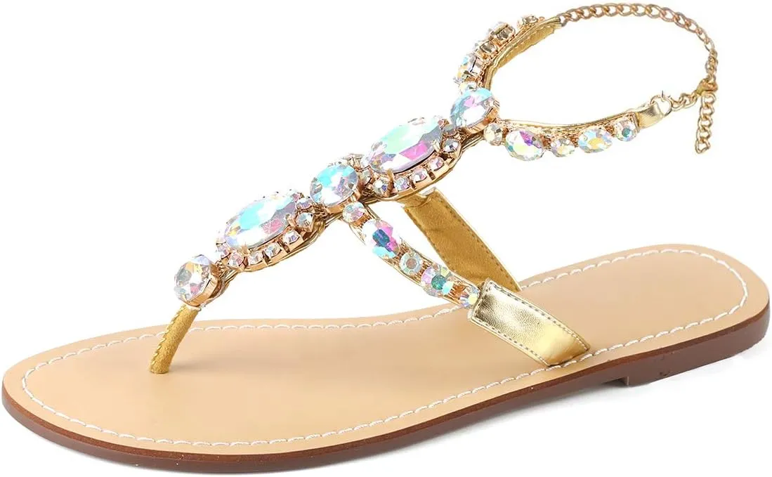 ZhuLinFeng Women'S Rhinestone Gladiator Sandals Flat Wedding Sandals Gem Pearl Sparkling Bridal Bridesmaid Sandals Blue Bohemian Sandals