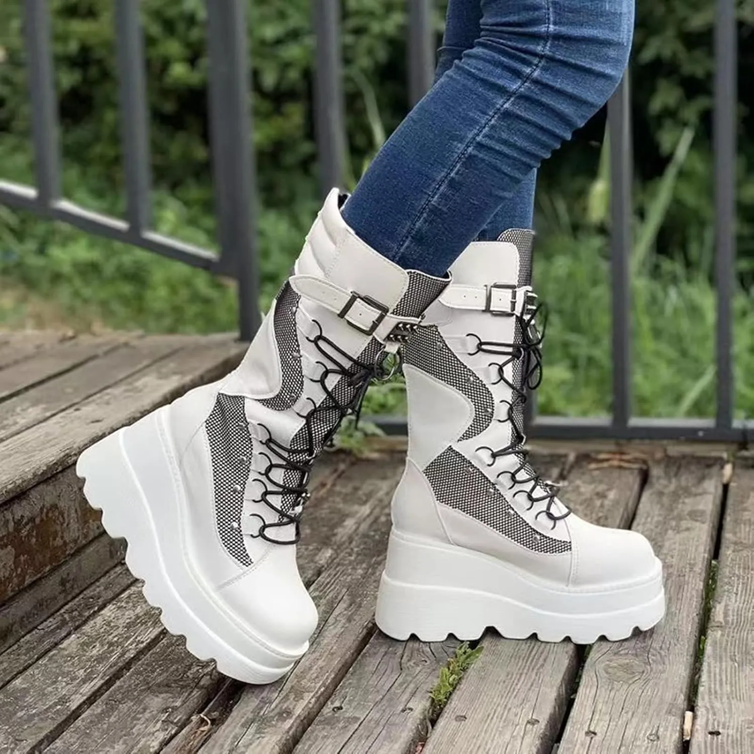 ZKXYFFS Platform Ankle Boots for Women Chunky High Heel Booties Punk Goth Round Toe Combat Boots Womens Lace Up Motorcycle Wedges Boots