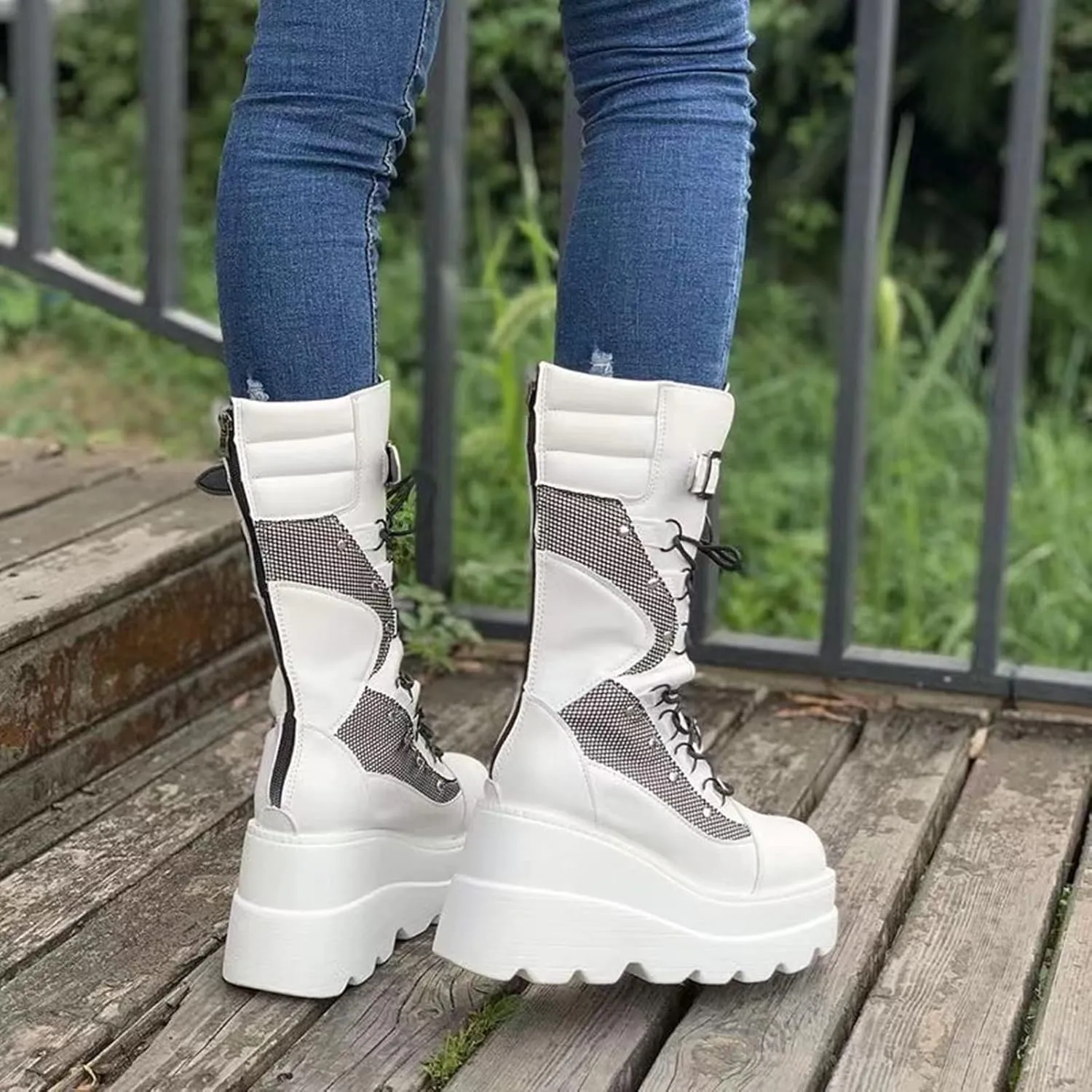 ZKXYFFS Platform Ankle Boots for Women Chunky High Heel Booties Punk Goth Round Toe Combat Boots Womens Lace Up Motorcycle Wedges Boots