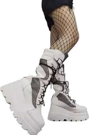 ZKXYFFS Platform Ankle Boots for Women Chunky High Heel Booties Punk Goth Round Toe Combat Boots Womens Lace Up Motorcycle Wedges Boots