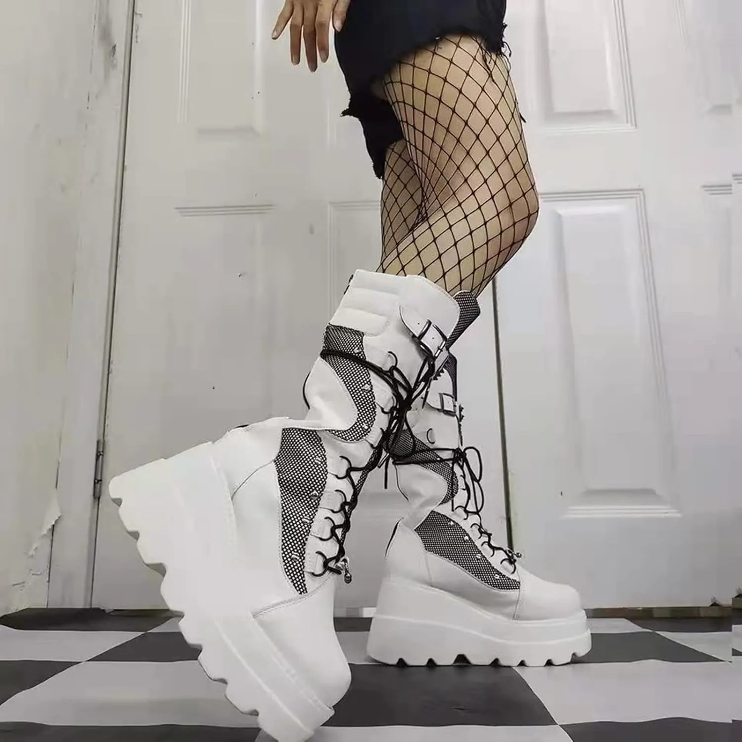 ZKXYFFS Platform Ankle Boots for Women Chunky High Heel Booties Punk Goth Round Toe Combat Boots Womens Lace Up Motorcycle Wedges Boots